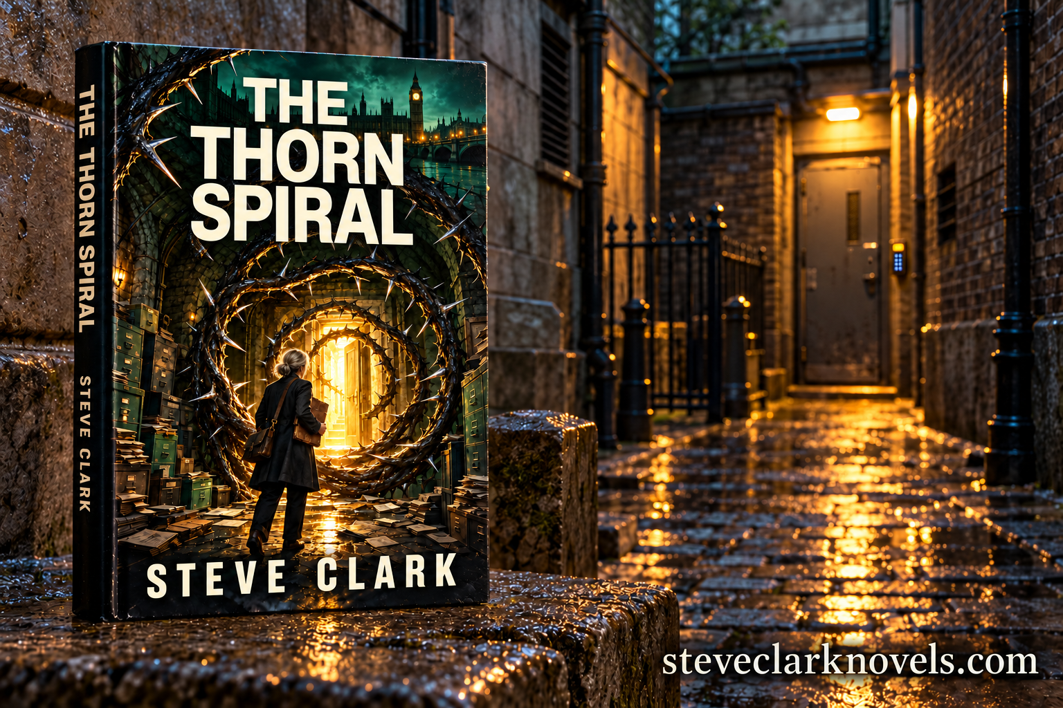 The Thorn Spiral by Steve Clark displayed on a stone wall beside a lamp-lit London alley.