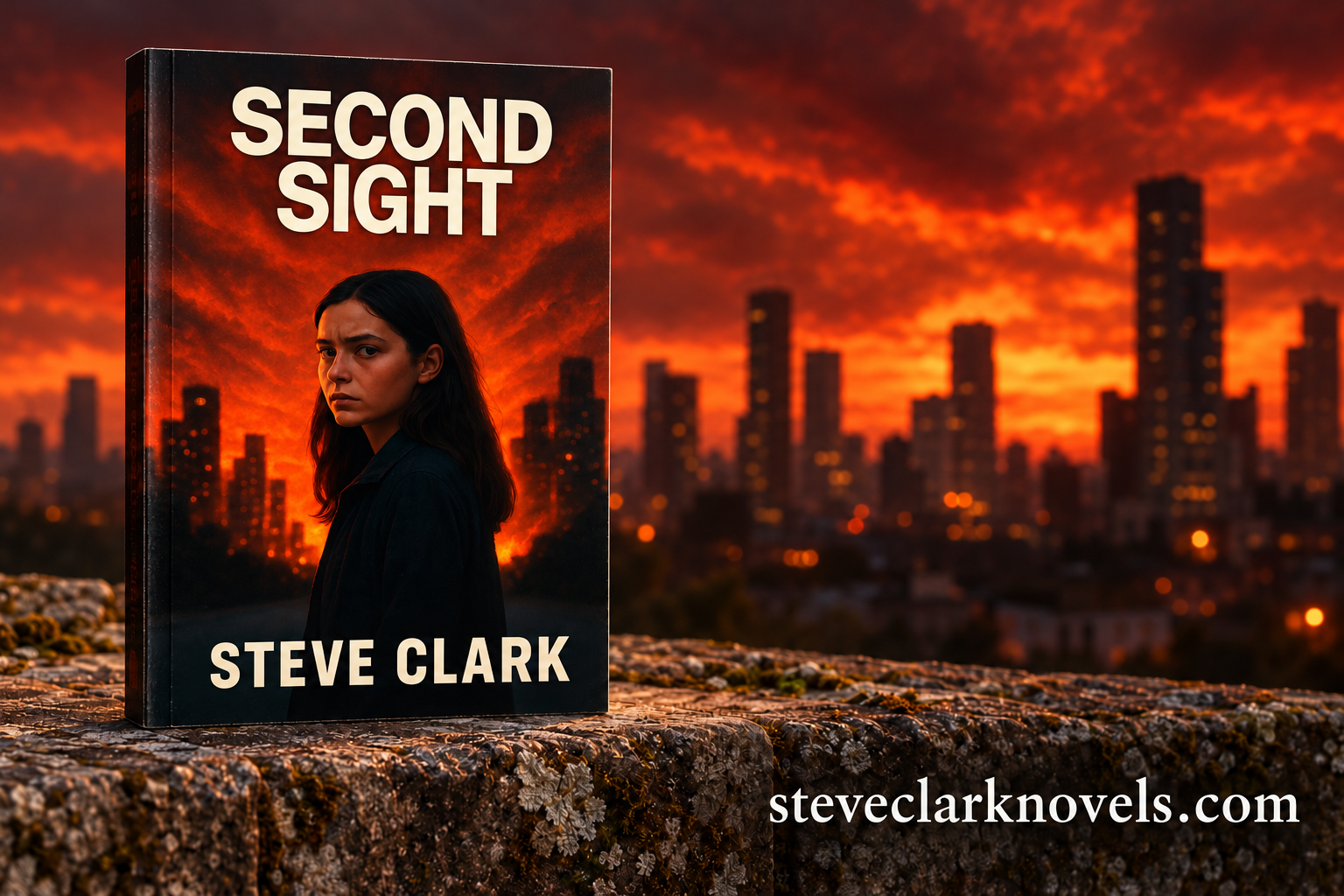 Second Sight by Steve Clark displayed on a stone wall against a city skyline at sunset.