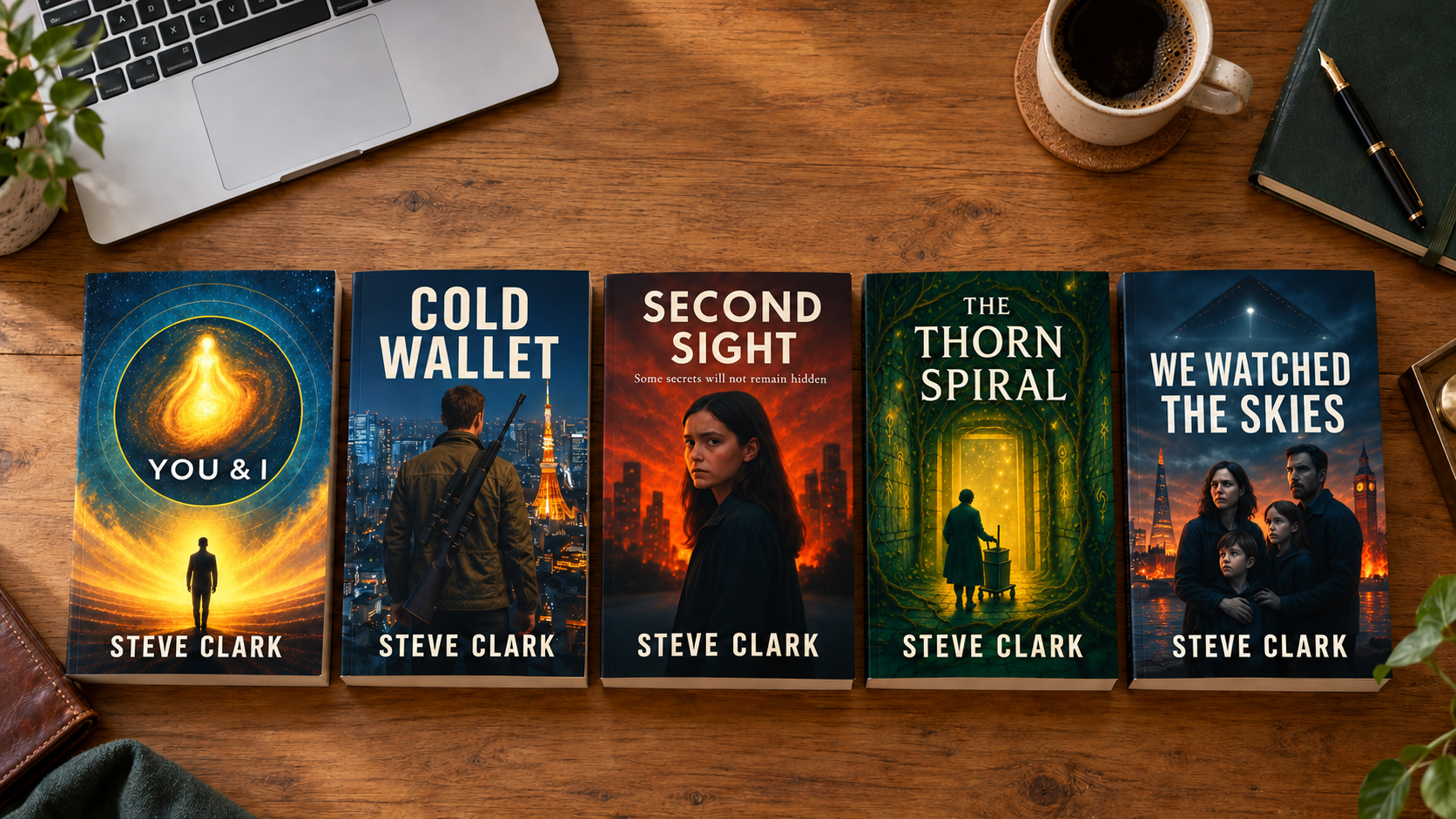 Five books by Steve Clark on an oak writing desk: You and I, Cold Wallet, Second Sight, The Thorn Spiral and We Watched the Skies.