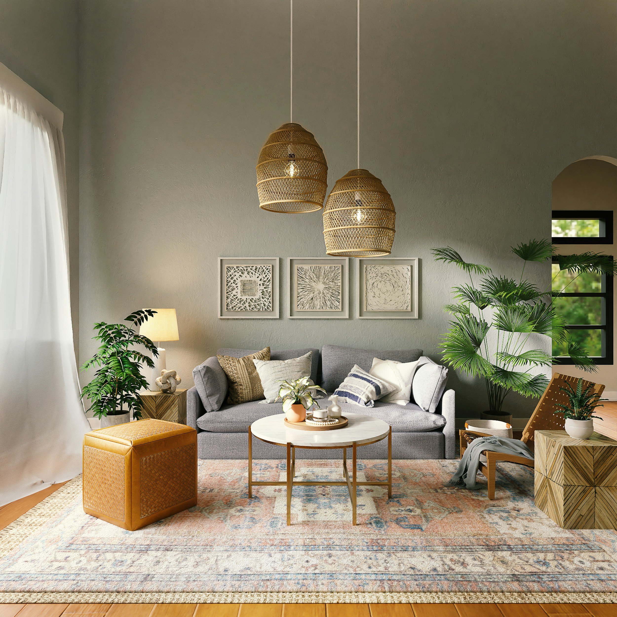 Living room with gray sofa, wooden coffee table, potted plants, patterned rug, white curtains, framed artwork, woven hanging lights, armchair, and various decorative pillows. DentonPaint.Com is your go to painter in Denton County and surrounding area