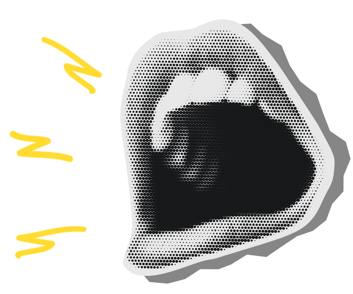 An abstract black and white illustration of a human mouth with lips open, showing teeth and tongue, with yellow zigzag lines to the left indicating sound or speech.