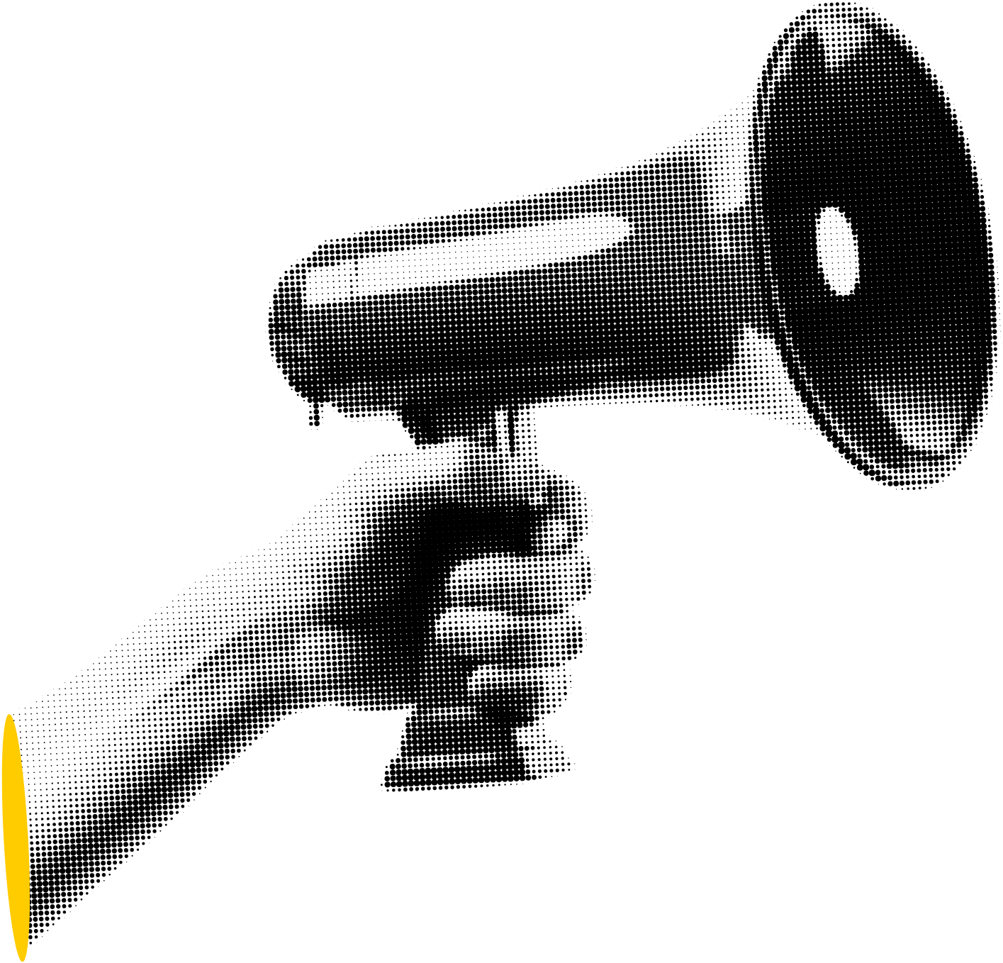 A black and white halftone image of a hand holding a megaphone