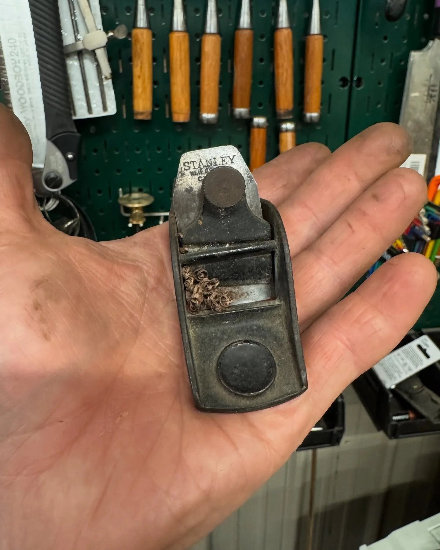 Teeny Tiny plane, teeny tiny shavings. 

I sharpened up the blade on this little plane and made some itty bitty shavings. I&rsquo;d like to clean it up a little more, but function leads when it comes to tools. 

The previous owner used the plane in h