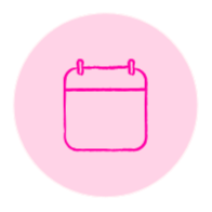Pink calendar icon with two pins on a pink circular background