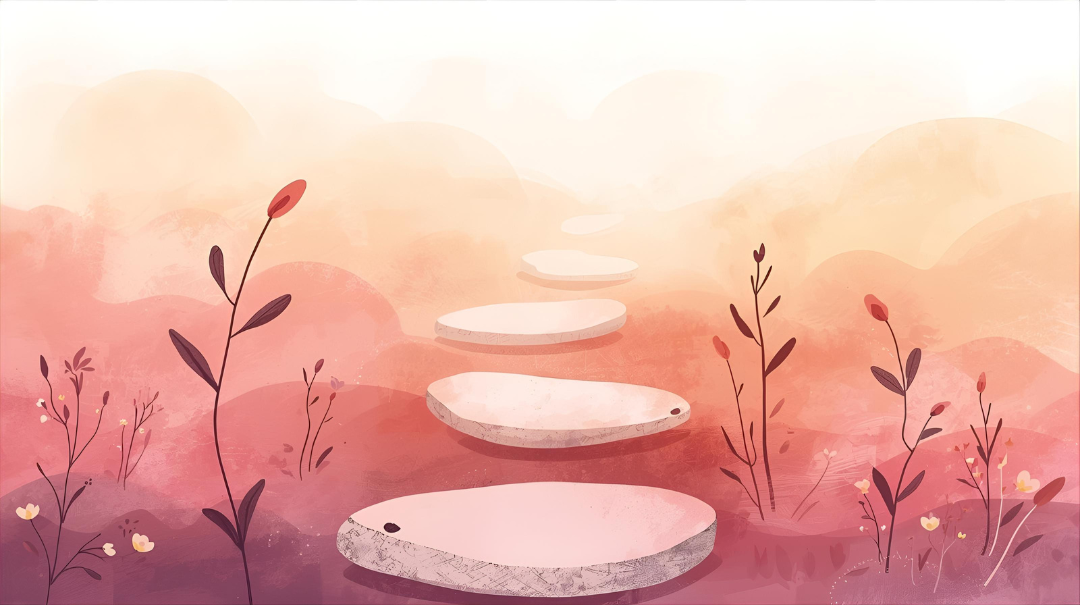 Illustration of a pathway made of large, flat stones leading into a soft, abstract landscape with pink and peach hues and delicate plants along the sides.