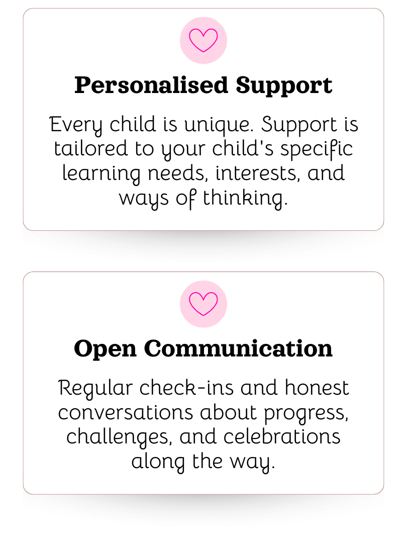Two cards with supportive messages for children, one about personalized support and the other about open communication, each topped with a pink heart icon.