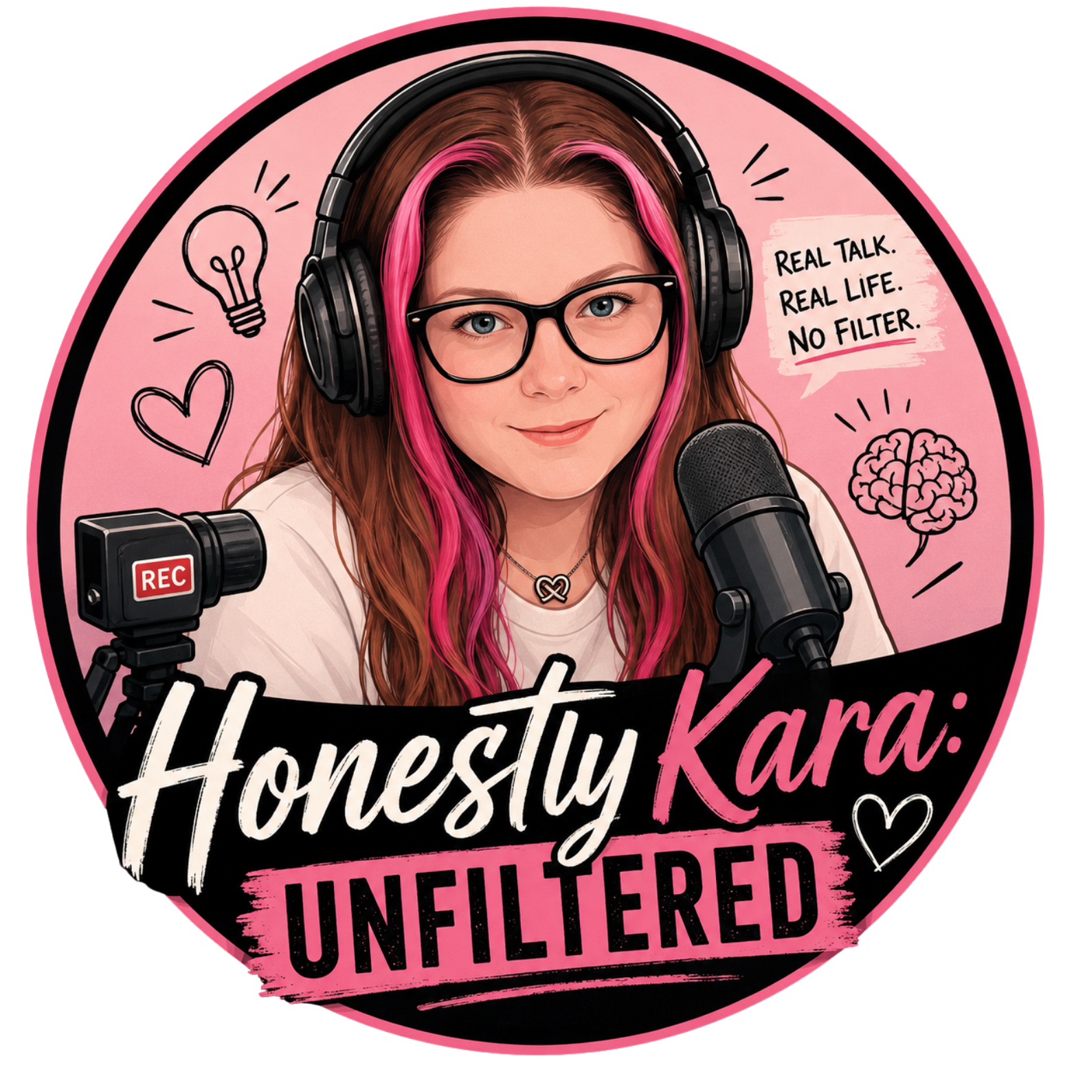 Honestly Kara: Unfiltered logo featuring an illustrated portrait of Kara wearing headphones behind a microphone with the podcast title on a pink circular background.