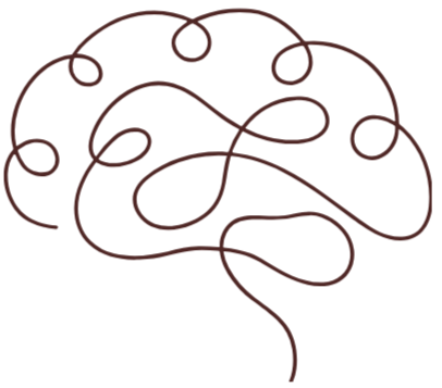 Collection of line illustrations featuring a butterfly, a brain and a lightbulb in brown, pink and white, representing growth, neurodiversity and ideas.