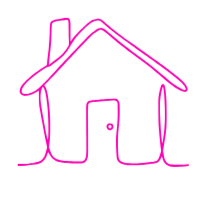 Simple pink outline of a house with a door and a pitched roof