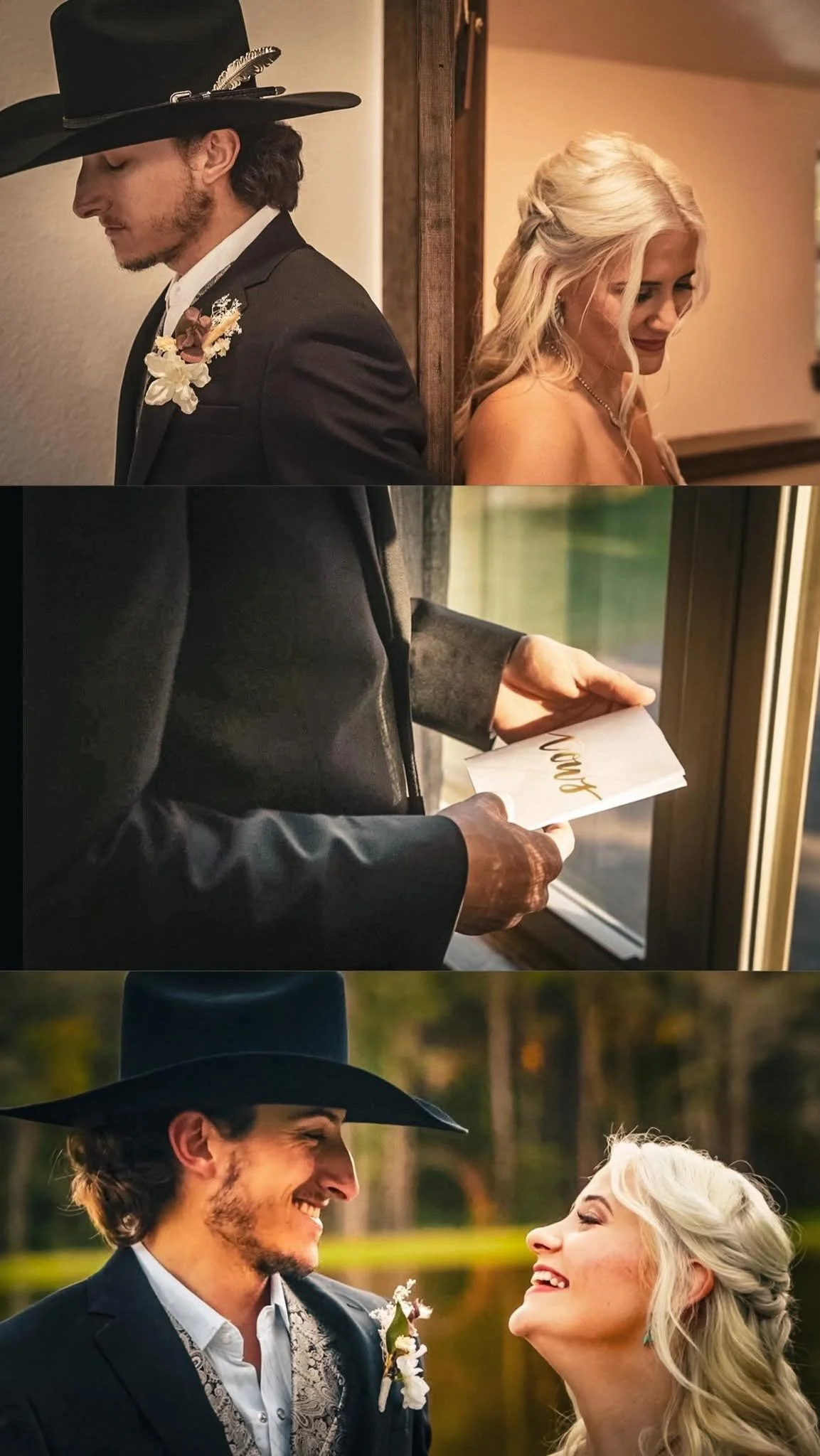A collage of three wedding photos. The first shows a man and woman leaning against a wall, the man dressed in a black suit and cowboy hat, the woman in a strapless gown. The second is a close-up of a man’s hands holding a card with the word "Love" written on it, standing by a window. The third features the same couple outdoors near a pond, smiling at each other, with trees in the background.