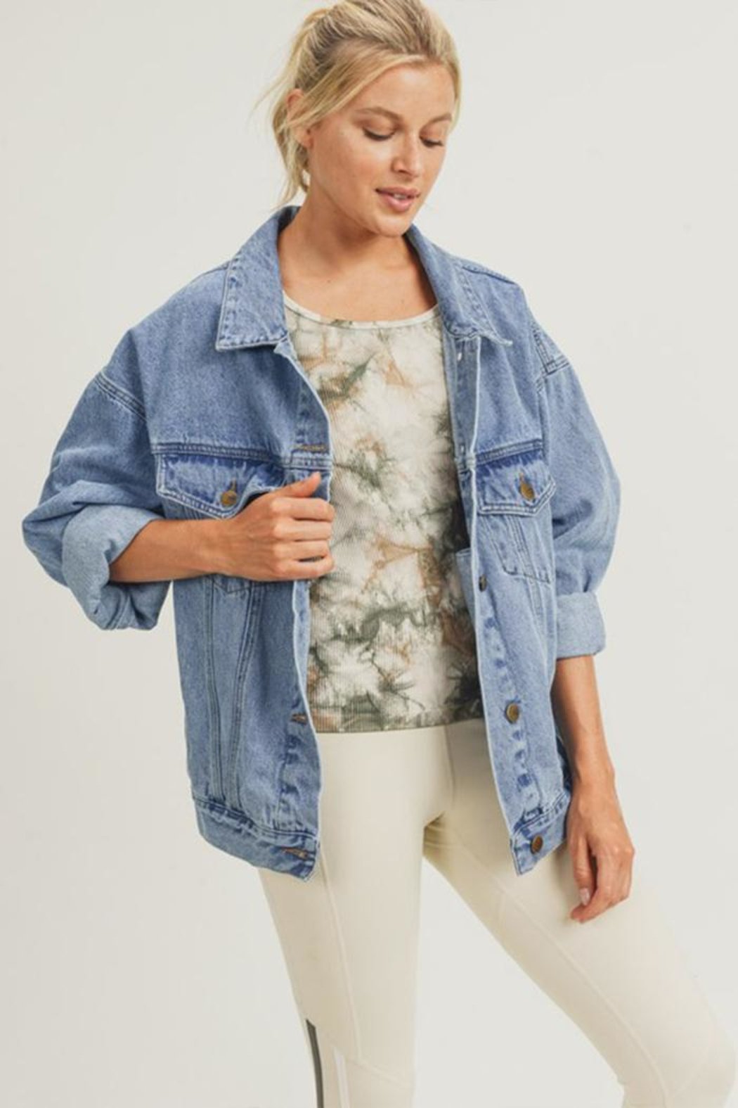 KJ11683 Boxy Oversized Blue Denim Jacket with Pockets Women's