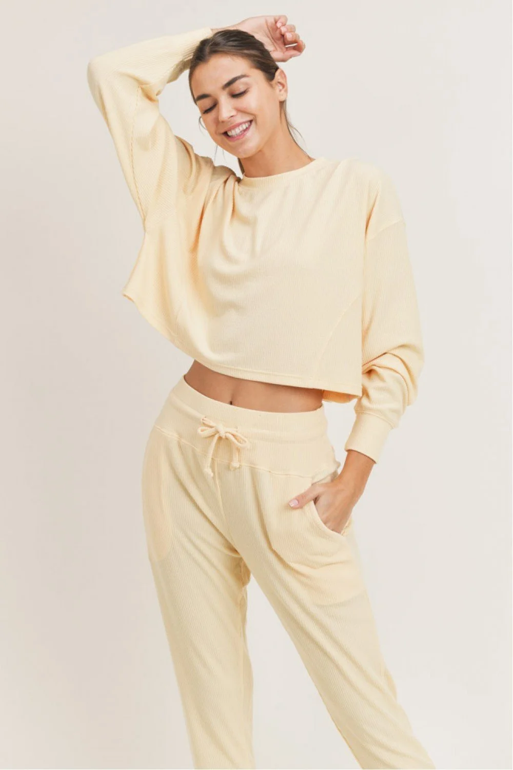 KT11561 - Long Sleeve Ribbed Cropped Crew Neck Oversized Top (BUTTER YELLOW)