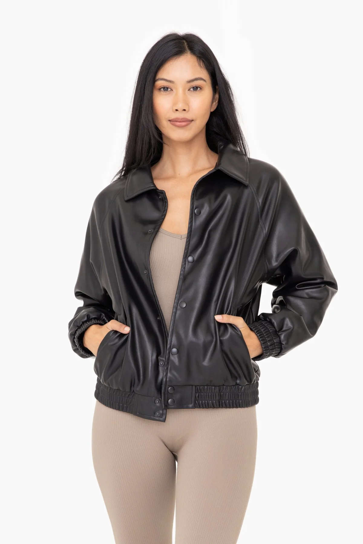 Vegan Leather Bomber Jacket (Black) KJ12021