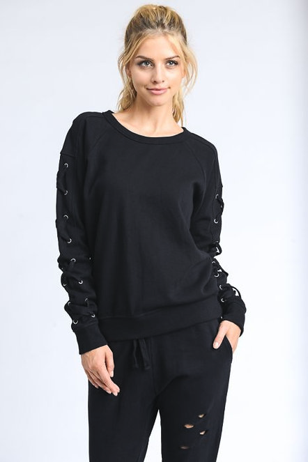 Garment-Dye Lace-Sleeve Fleece Sweater (in Black)