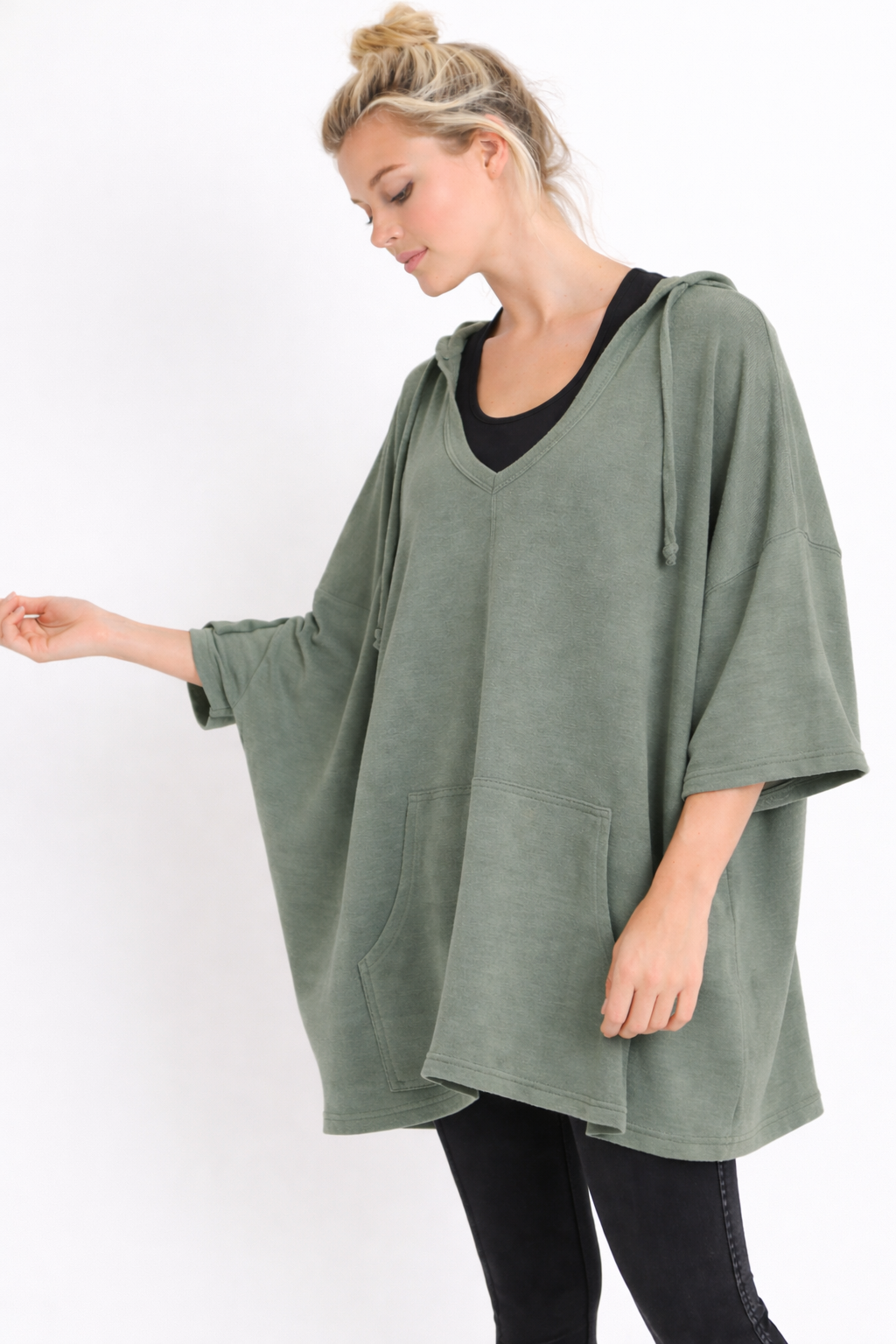 Midi-Sleeve Oversized Hoodie Flow Top Women's (in Dark Sage Green)