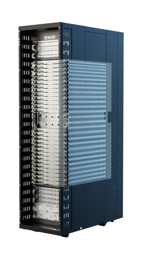 RIVVOR compute rack with a full stack of modules and the fabric panel lit along one side