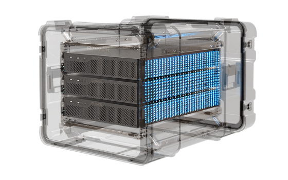 Compute enclosure with stacked modules and glowing electromagnetic corridors guiding signals between them