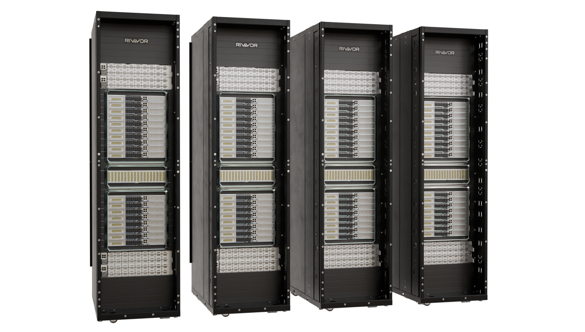 Four black server racks with open doors, filled with electronic components, data storage devices, and circuit boards inside.