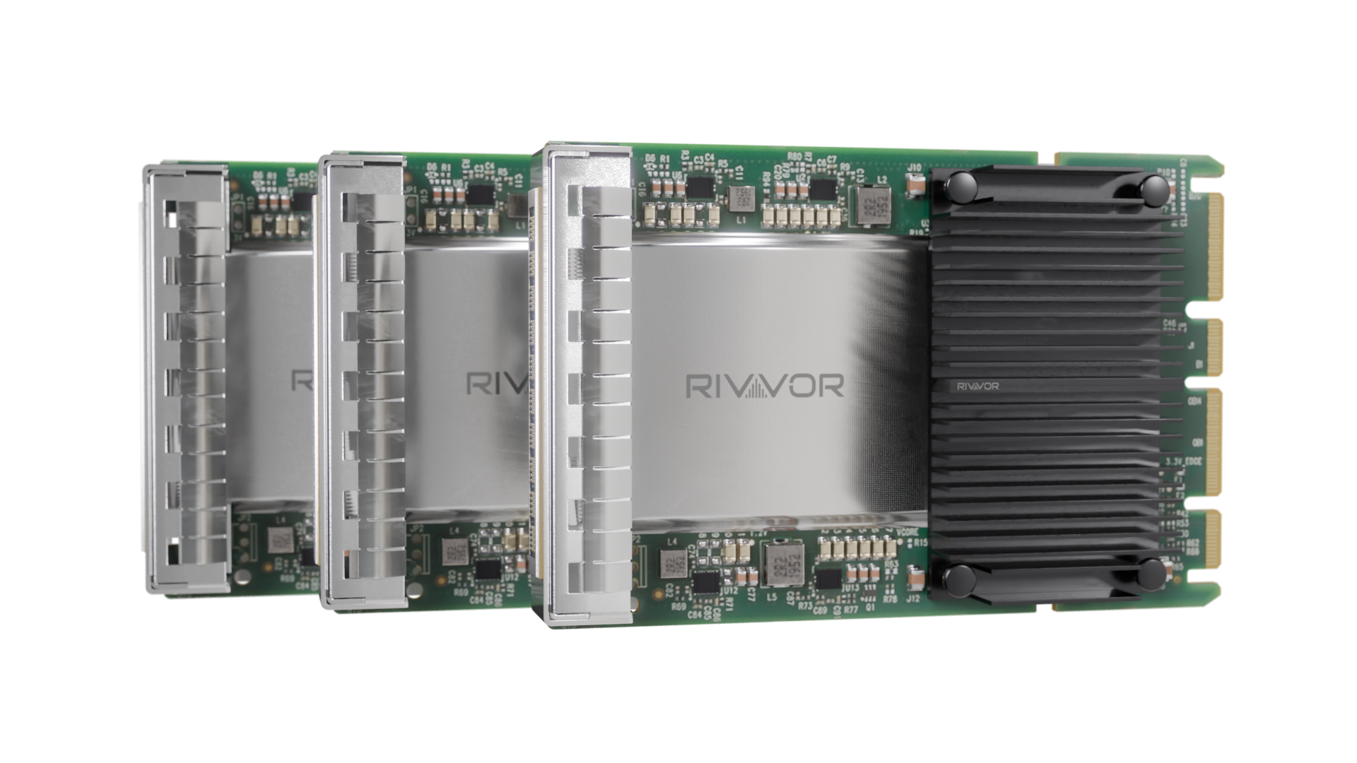 Three RIVAVOR computer graphics cards stacked horizontally, showing their circuit boards, heatsinks, and PCIe connectors.