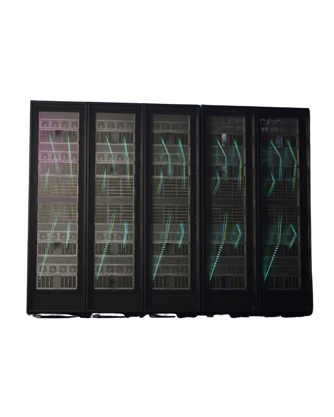 Row of compute racks with directional sub-THz links shown as light paths between modules
