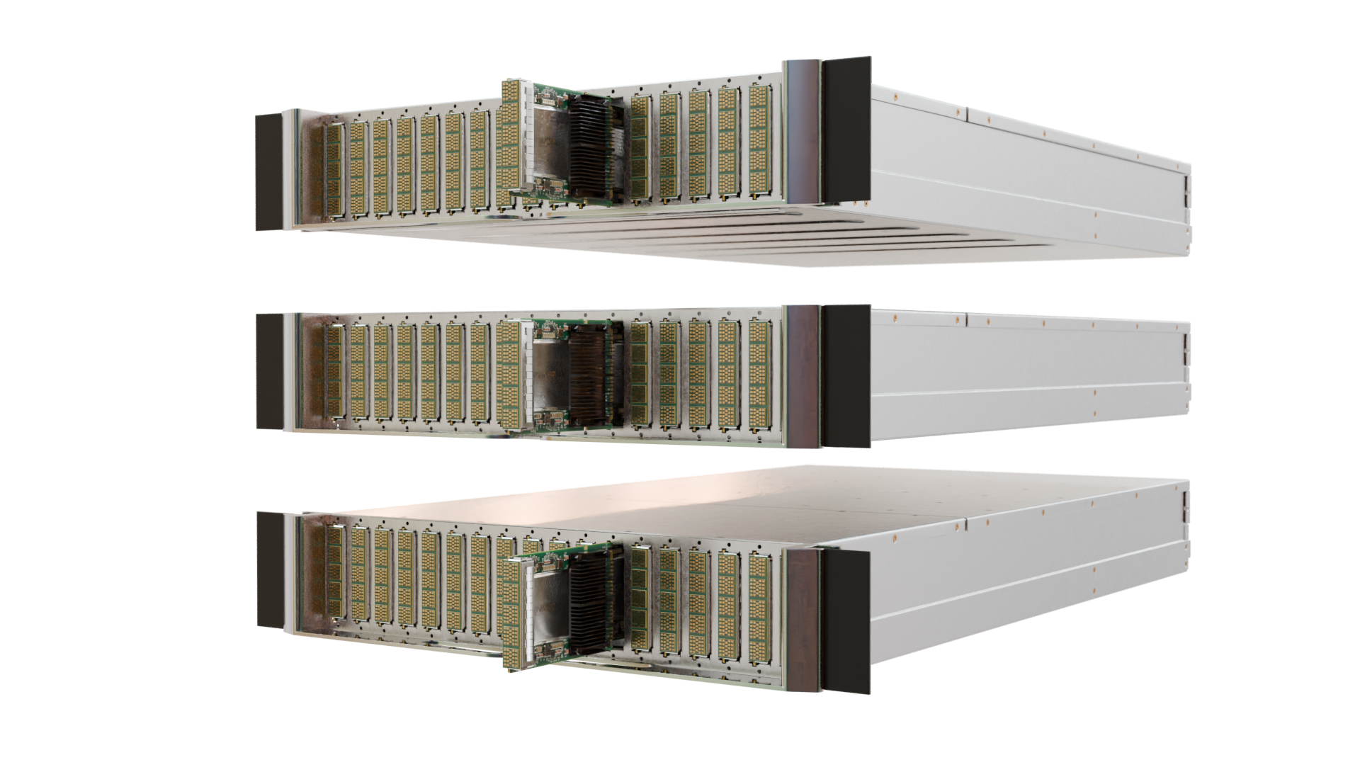 Three partially disassembled computer servers showing internal circuit boards with gold-colored connectors.