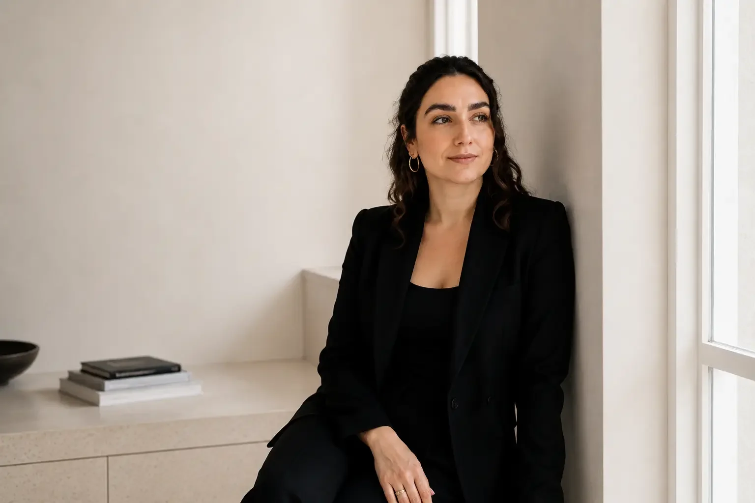Kvinde med mørkt, krøllet hår sidder ved vindue, iført sort blazer og top, i et lyst værelse.