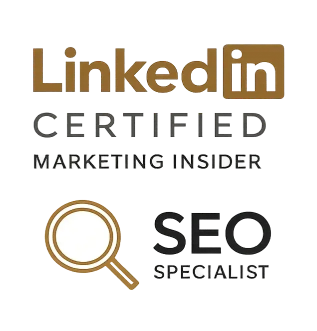 Logo med teksten LinkedIn Certified Marketing Insider og en forstørrelsesglas symbol, samt teksten SEO Specialist.