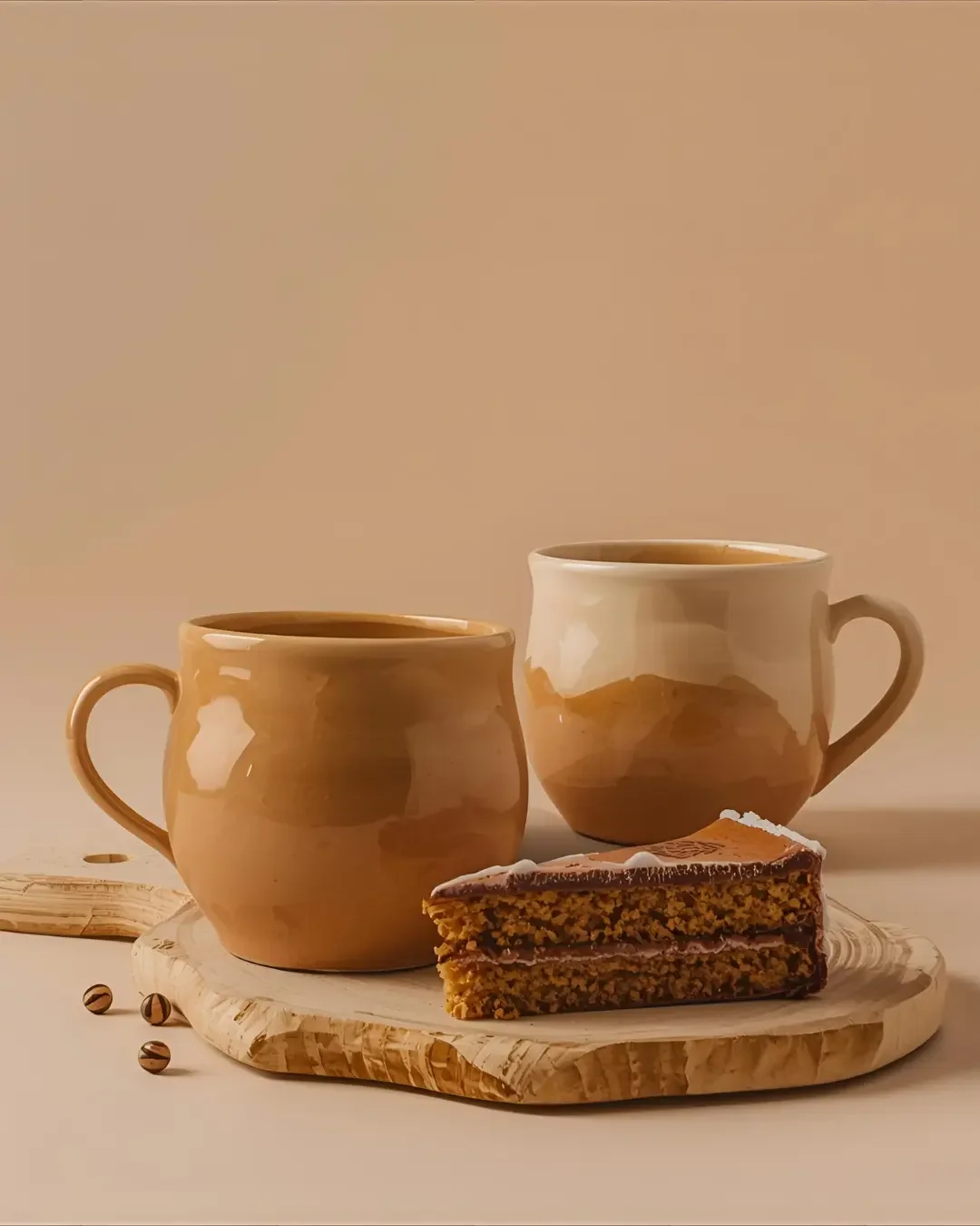 Two beige ceramic mugs filled with coffee, placed on a round wooden tray. In front of the mugs, there are two slices of layered cake with icing, on the same tray. Several coffee beans are scattered around the tray on a white surface, with a plain beige background.
