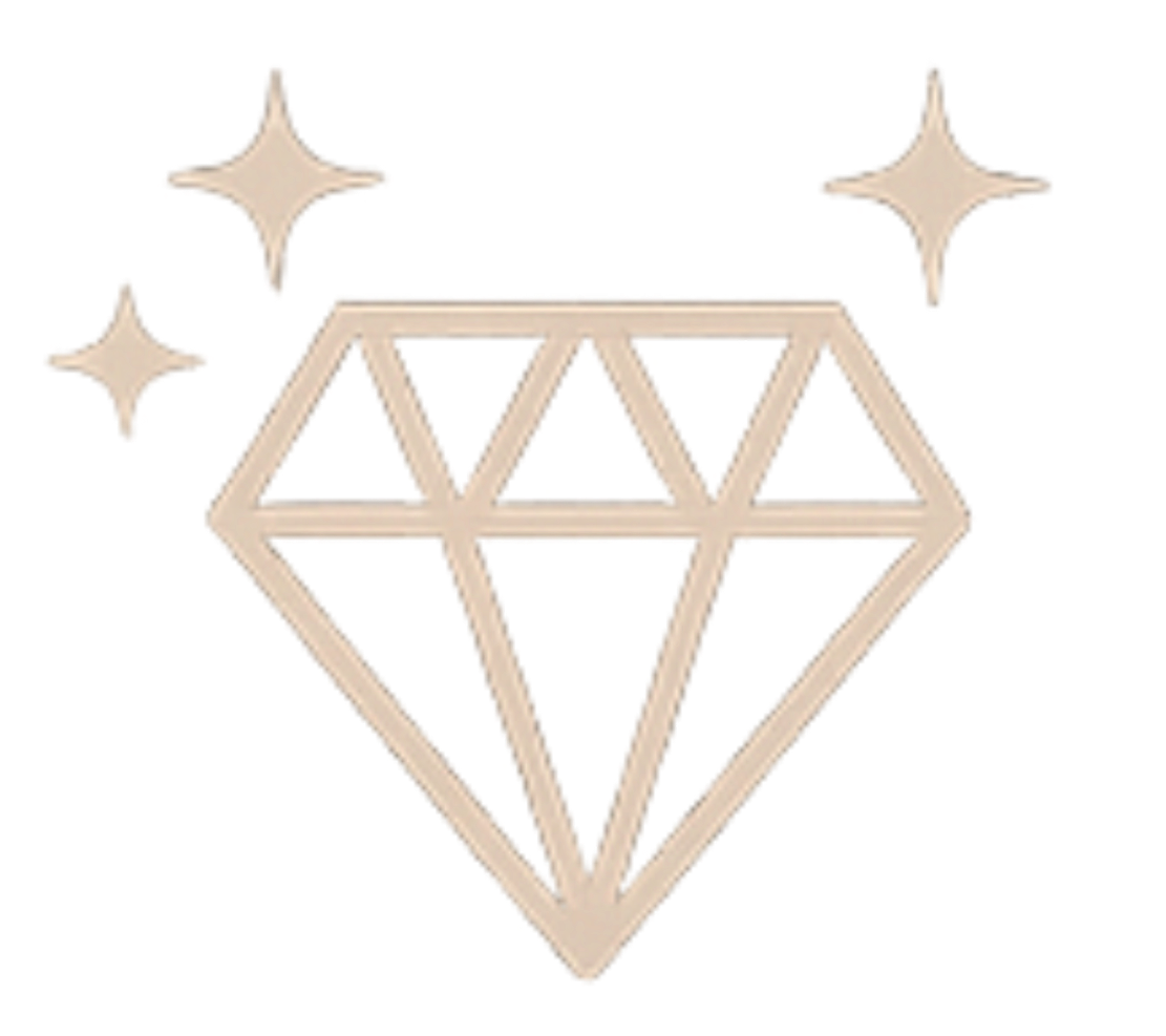 En beige diamant-illustration med tre glansende stjerner omkring.
