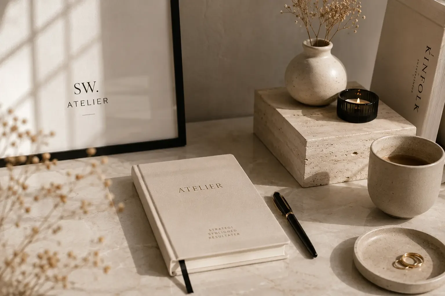 Et bord med en notesbog mærket 'ATELIER', en sort kuglepen, en kop kaffe, en lysestage, en vase med tørre blomster, en tændt stearinlys, nogle guld ringe, og nogle bøger i baggrunden.