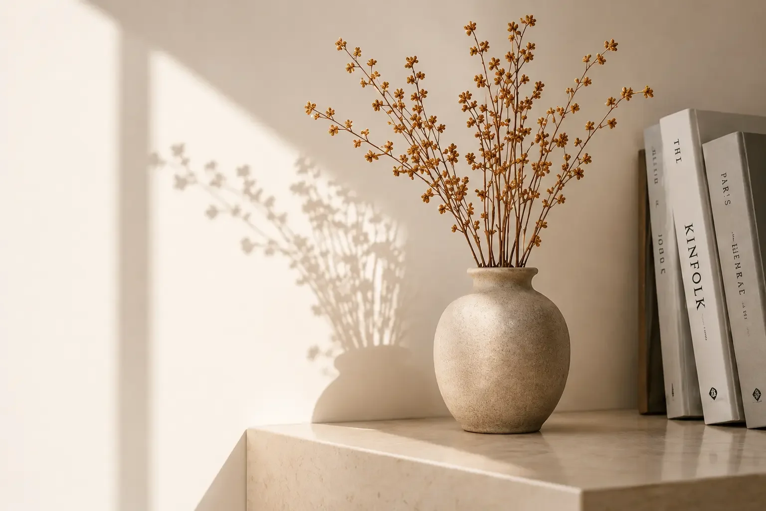 En beige keramikkrukke med tørrede gule blomster, der skaber skygge på væggen bagved, stående på en lys træbord sammen med nogle bøger.