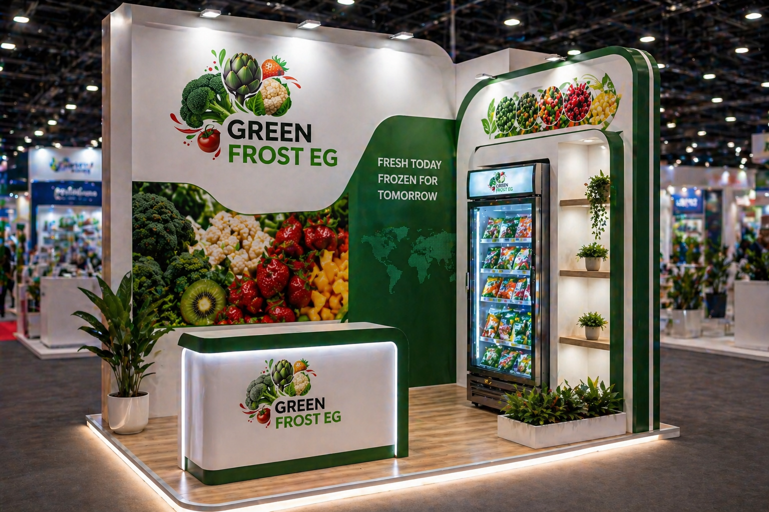 Trade show booth with the logo 'Green Frost EG,' featuring images of fresh vegetables and fruits, a refrigerator stocked with frozen products, and decorative plants.