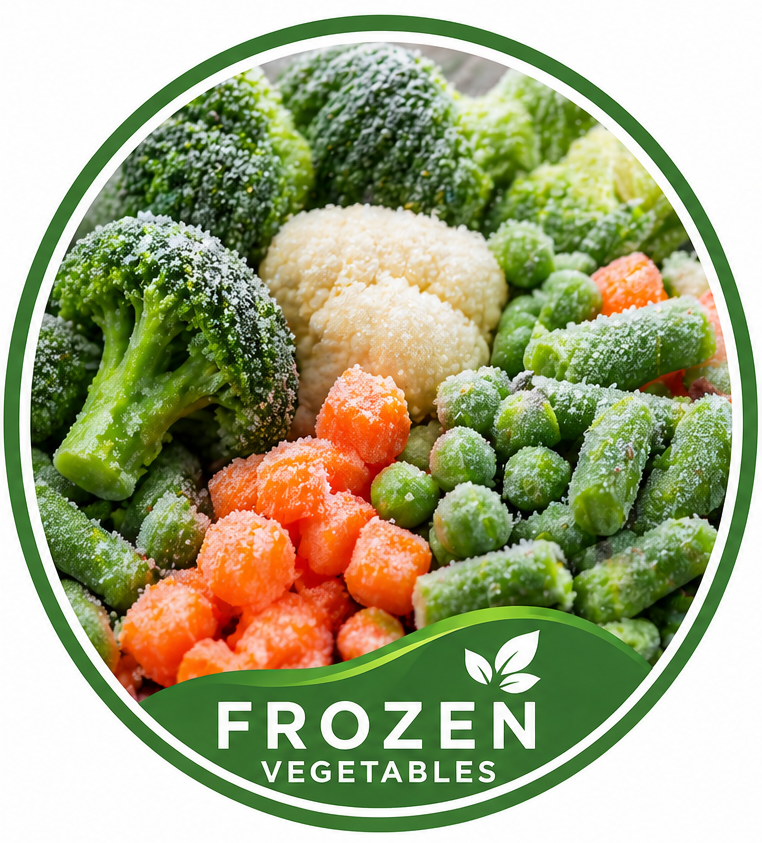 Frozen mixed vegetables including broccoli, cauliflower, carrots, green beans, and peas in a round package label.