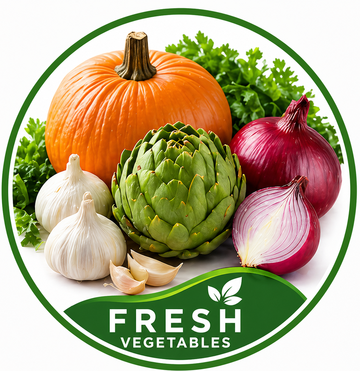 Fresh vegetables including a pumpkin, garlic, artichoke, red onions, and leafy greens with a "Fresh Vegetables" label.