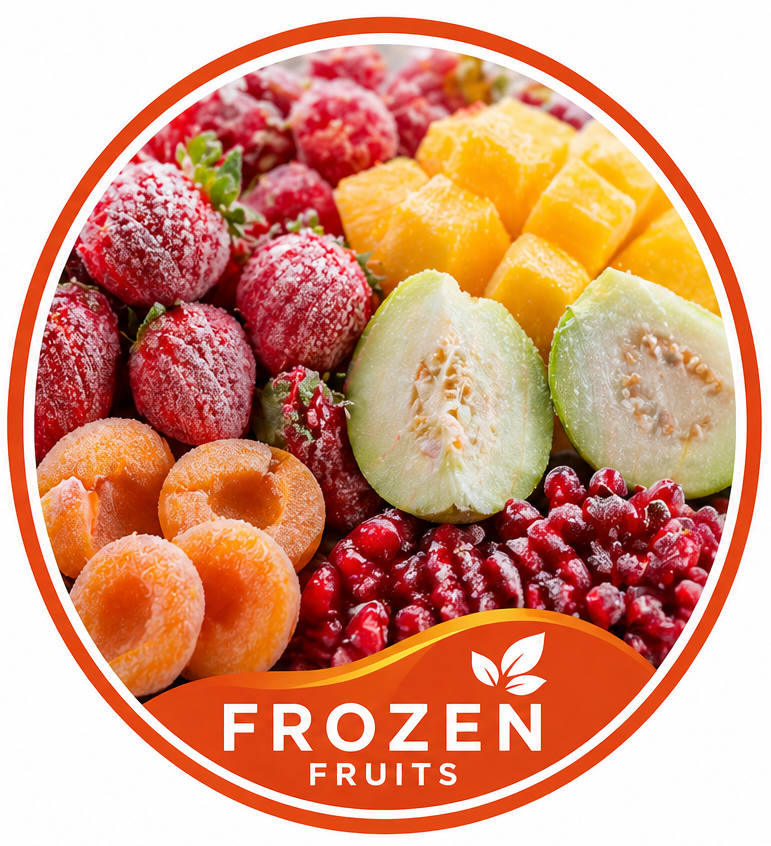Frozen fruits including strawberries, cantaloupe, honeydew, mango, and pomegranate in a circular container with a red and orange label labeled 'Frozen Fruits'.