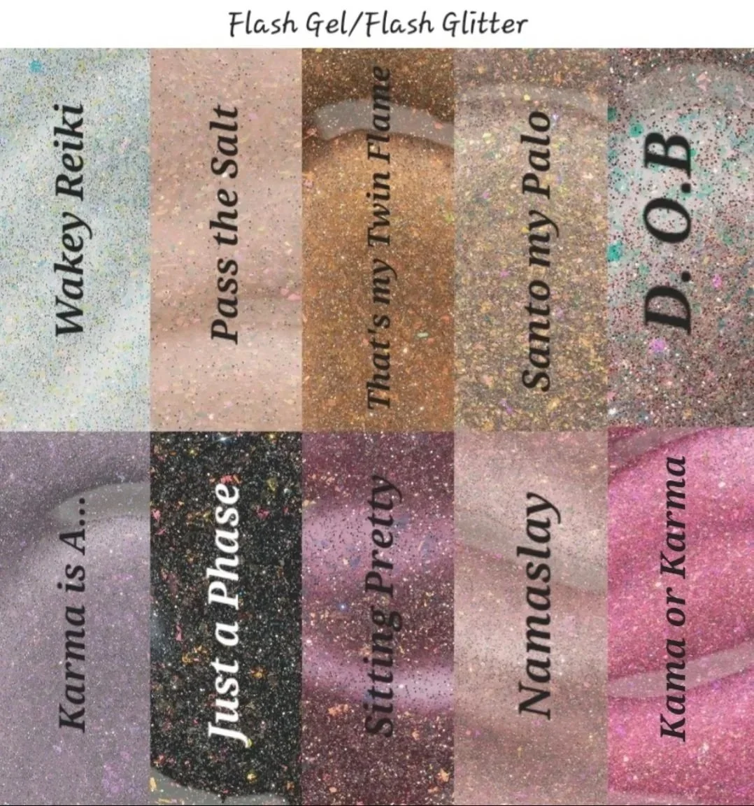 Swatch chart of glitter nail polish colors labeled with names, including 'Wakey Wakey', 'Pass the Salt', 'That’s my Twin Flame', 'Santa my Pal-o', and 'O.B'. The glitter colors range from pastel pinks to darker shades with multicolored sparkle.