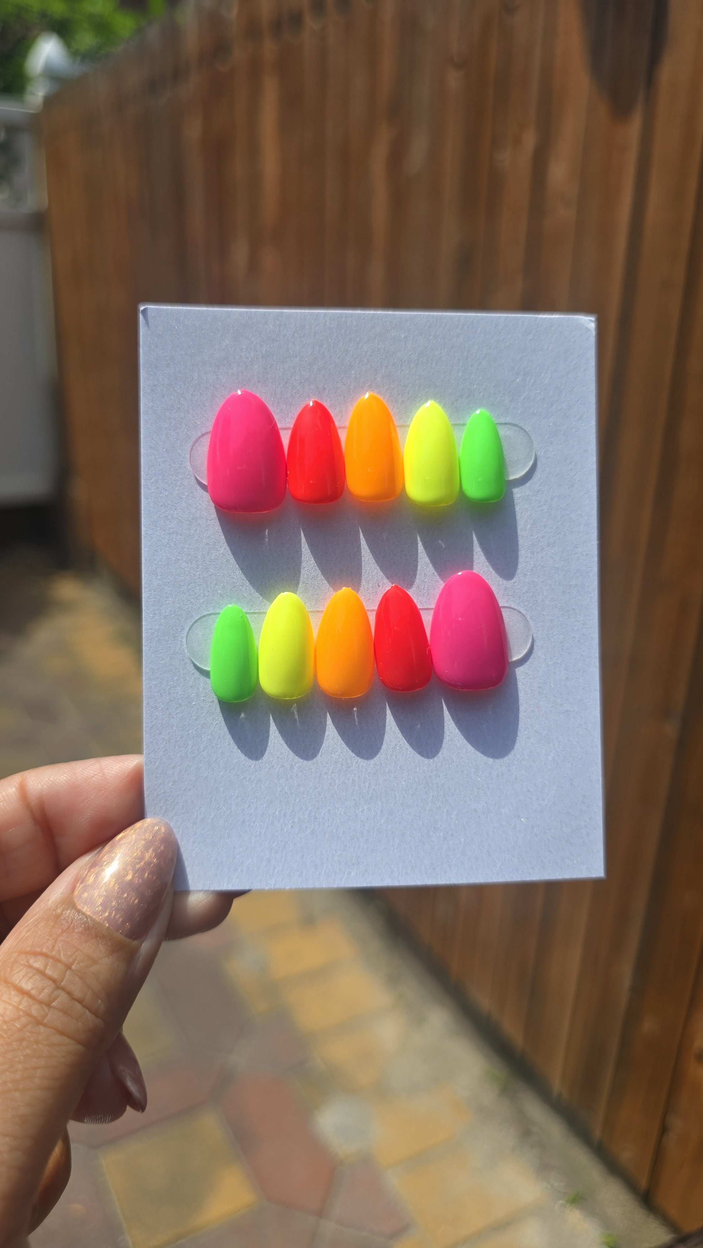 neon-color-short-almond-nails-hot-pink-hot-orange-neon-yellow-green