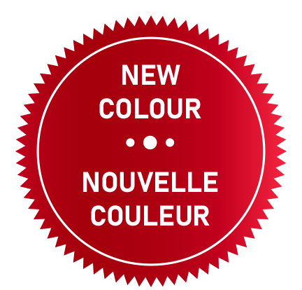 Red badge with a jagged edge that reads "New Colour" and "Nouvelle Couleur" in white text.