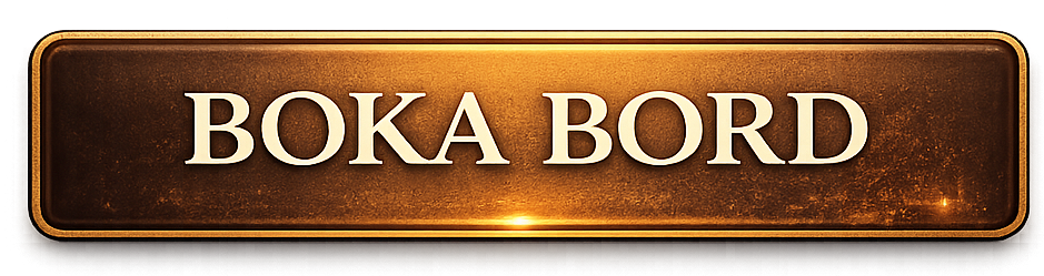 Skylten visar texten "Boka bord" på en rustik bakgrund.