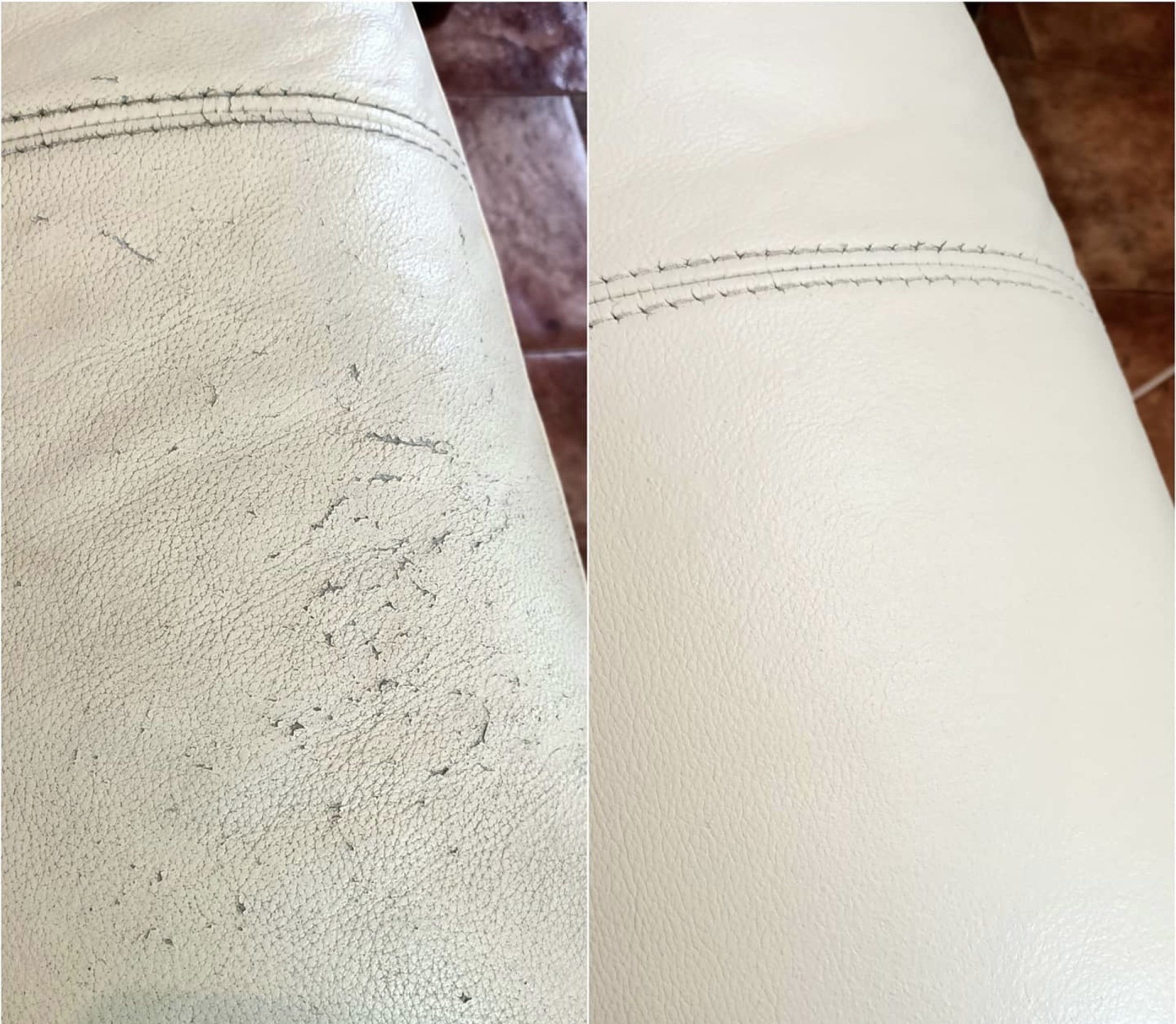 Comparison of a stained, cracked beige leather surface on the left and a clean, repaired beige leather surface on the right, both with a visible stitched seam.