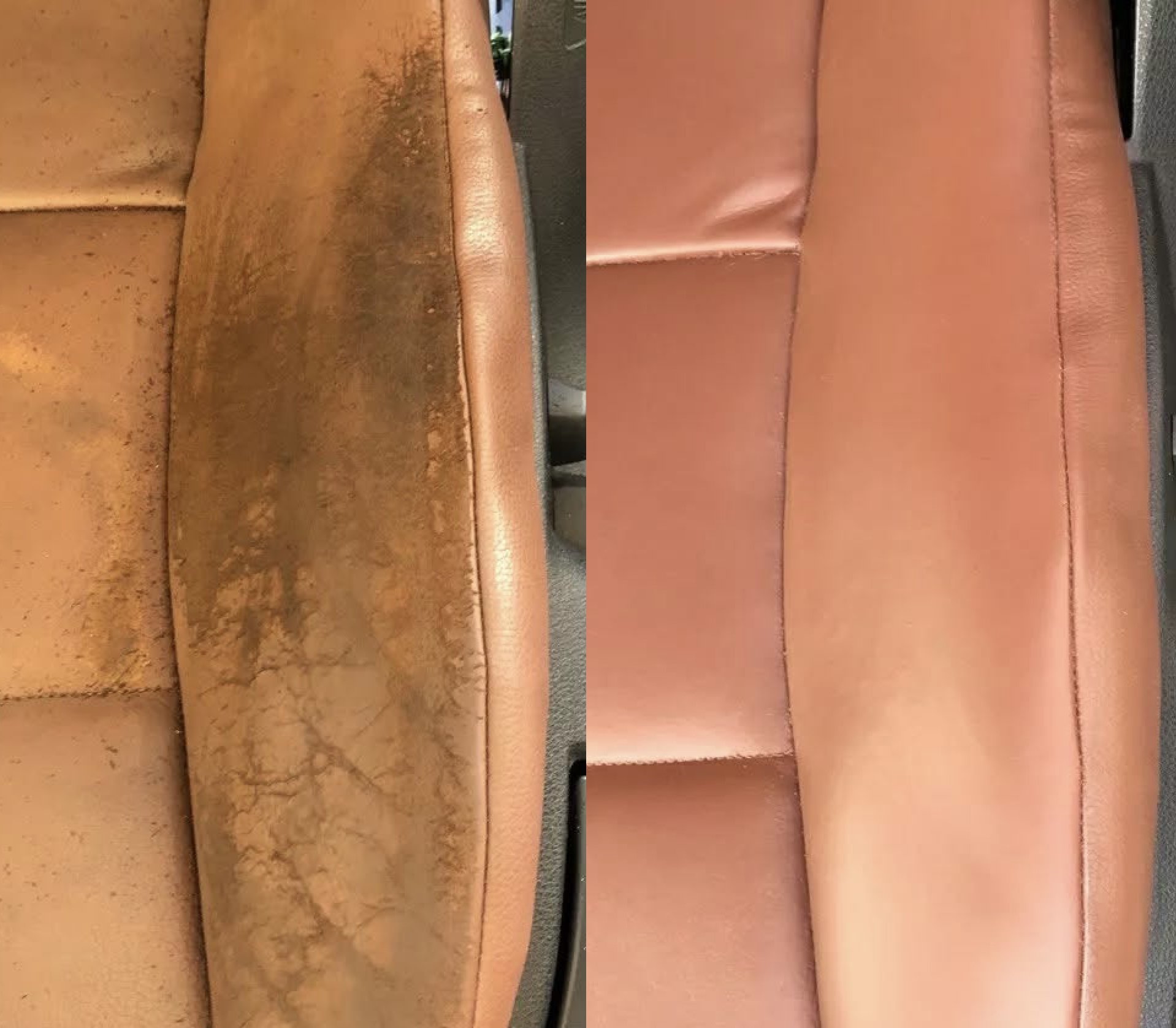 Comparison of a worn, stained orange sofa before and after cleaning and restoration; the left side shows dirt and discoloration, while the right side shows a clean, restored sofa.