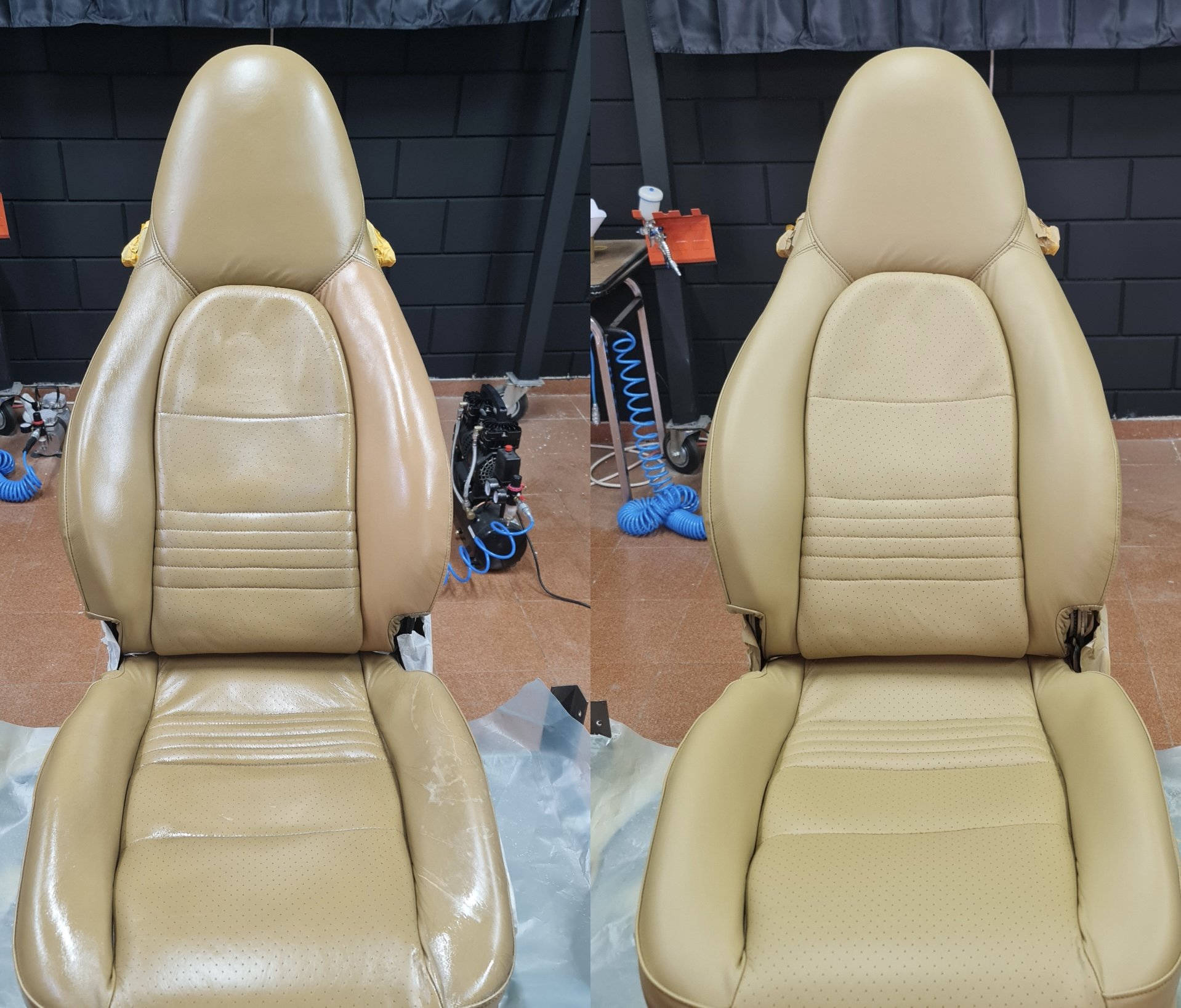 Before and after images of a beige car seat, showing cleaning and restoration. The left side shows the seat with stains and discoloration, while the right side shows it clean and restored.