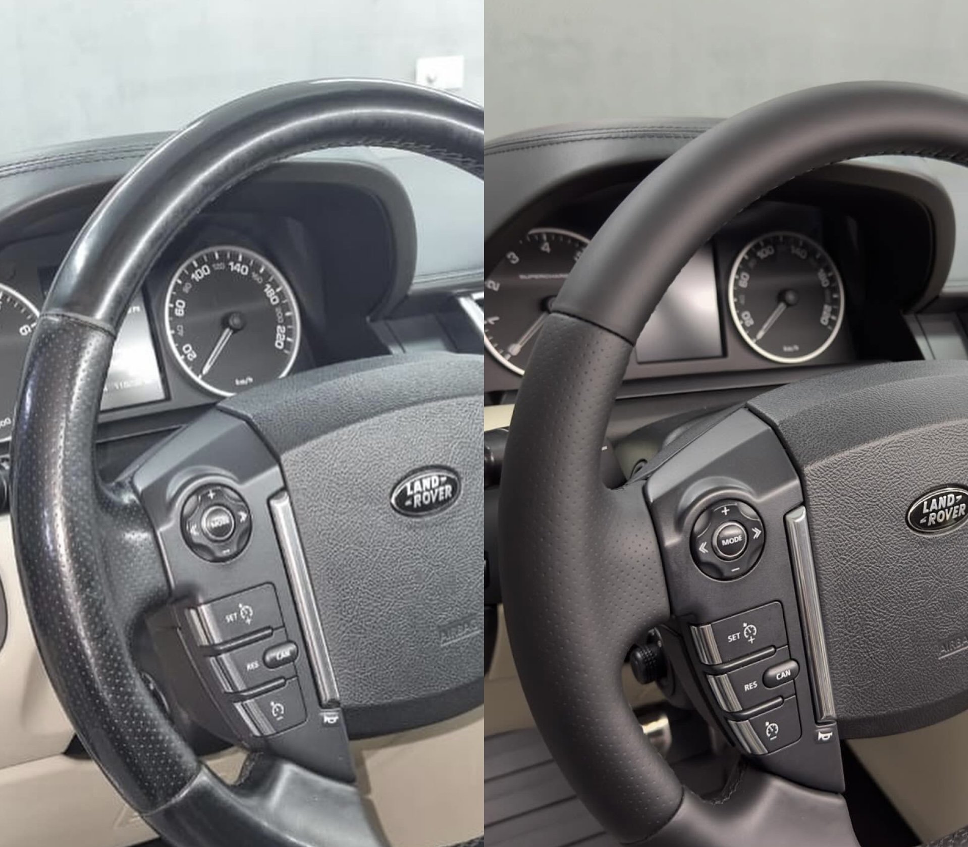 Comparison of two Land Rover vehicle steering wheels and dashboards, showing different designs and features.