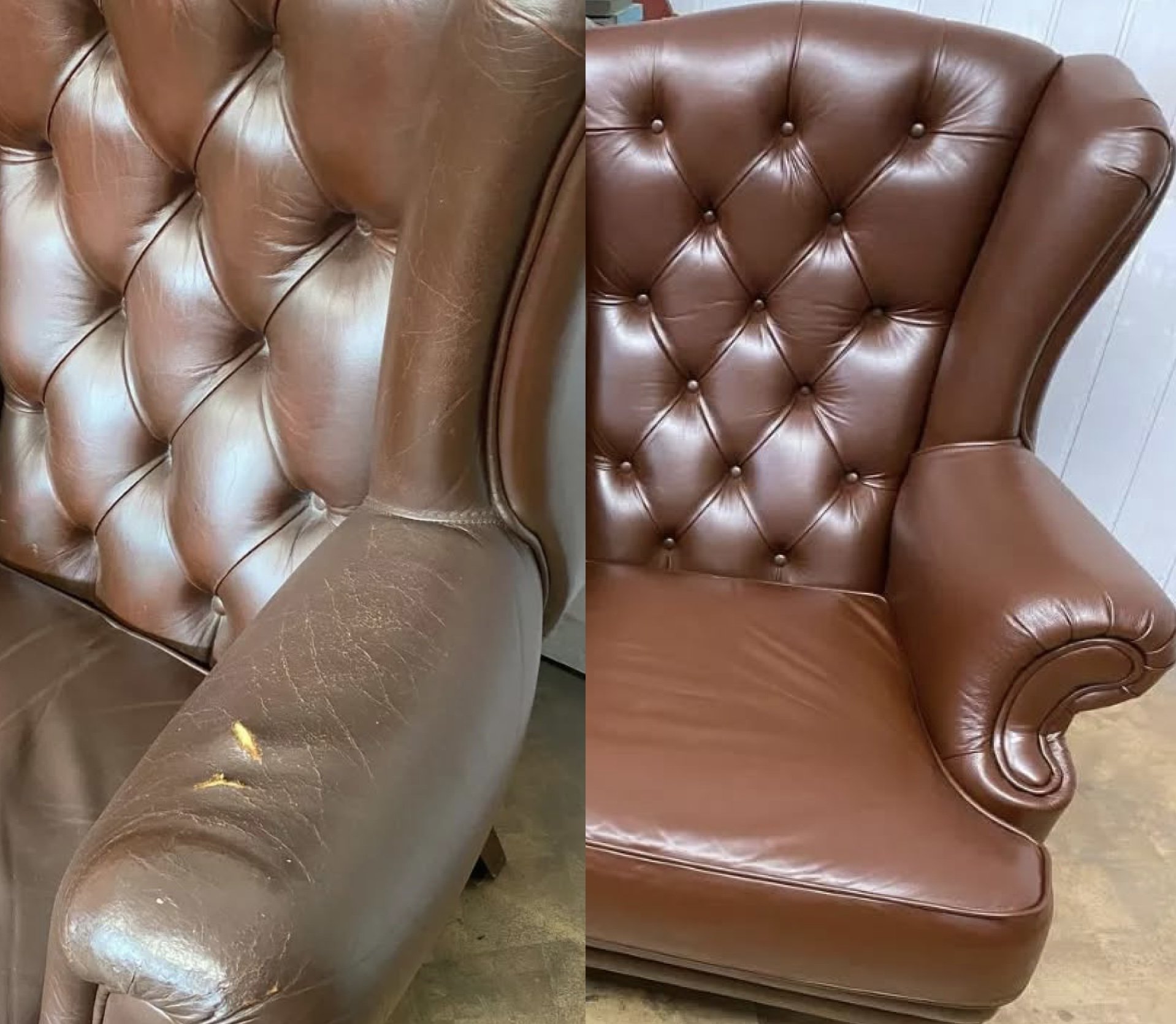 Comparison of two leather tufted armchairs, one old and worn with scratches and tears, the other new and polished.