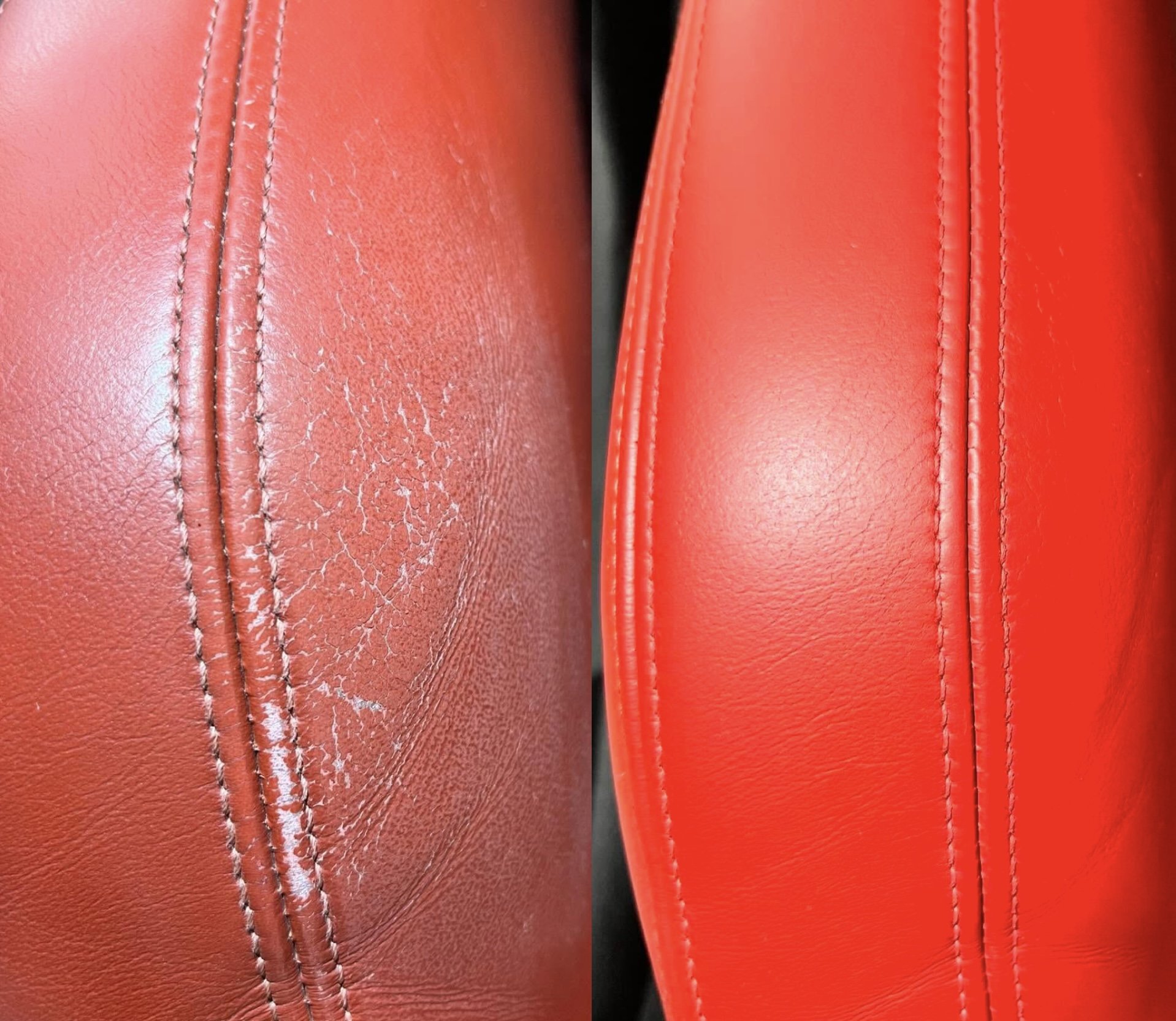 Close-up of a red leather surface showing a worn, cracked area on the left and a smooth, shiny surface on the right.