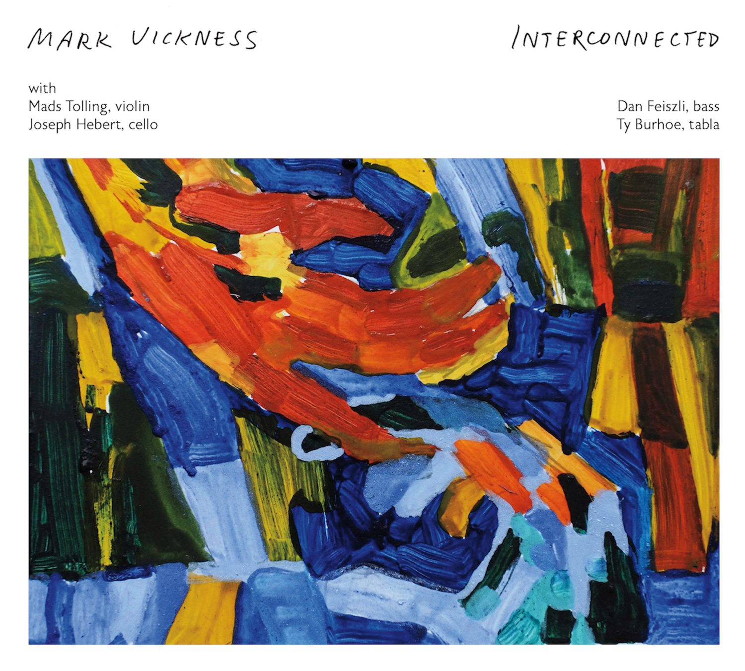 Album cover with abstract painting in vibrant colors and text indicating with artist names at the top.
