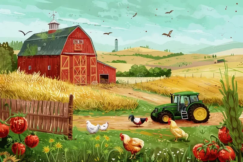 realistic-painting-depicting-busy-farm-scene-red-tractor-foreground-chickens-pecking-around-background-shows-313493527.webp