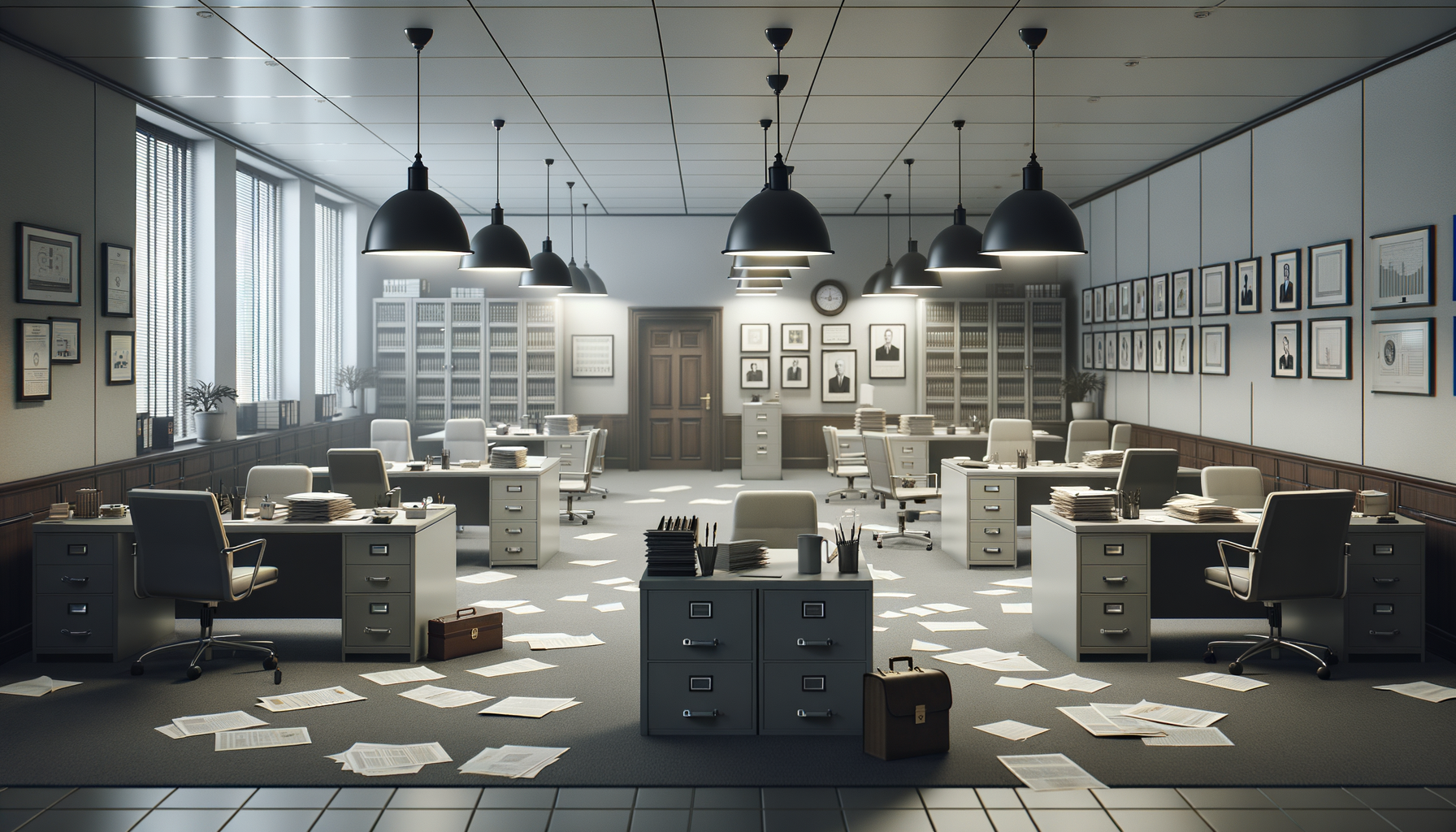 An cluttered office with scattered papers on the floor, multiple desks with stacks of documents, and framed photos on the wall.