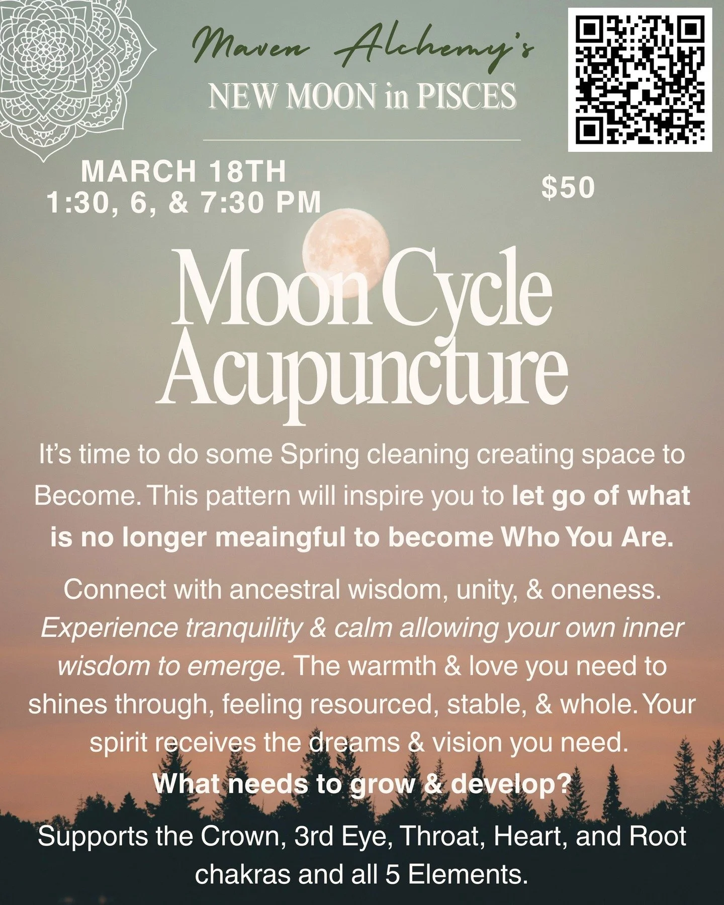 ✨ 🐟 🌚 Join me tomorrow, Wednesday, 3/18, for the Pisces New Moon. 🐟 🌚 ✨ 

The Pisces Moon Cycle Acupuncture pattern will connect to Spring (the Wood element/Liver &amp; Gallbladder) Becoming energy and give roots &amp; growth to all of the depth 