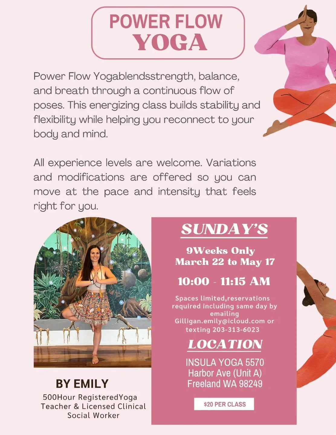 💥 Join Emily for Power Flow Yoga 💥

✨️ Sundays 10-11:15am
✨️ March 22nd - May 17th

Power Flow Yoga blends strength, balance, and breath through a continuous flow of poses. 

This energizing class builds stability and flexibility while helping you 